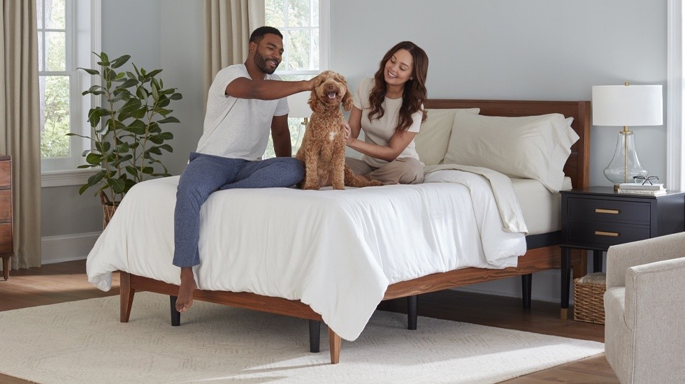 Man, woman, and dog sitting on bed